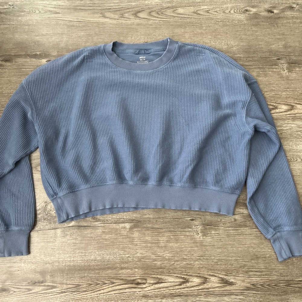 Aerie Ribbed Cropped Sweatshirt Womens XS Blue Cotton Oversized Pullover
